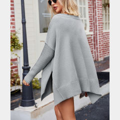 Grey V Neck Knit Pullover Oversize Sweater