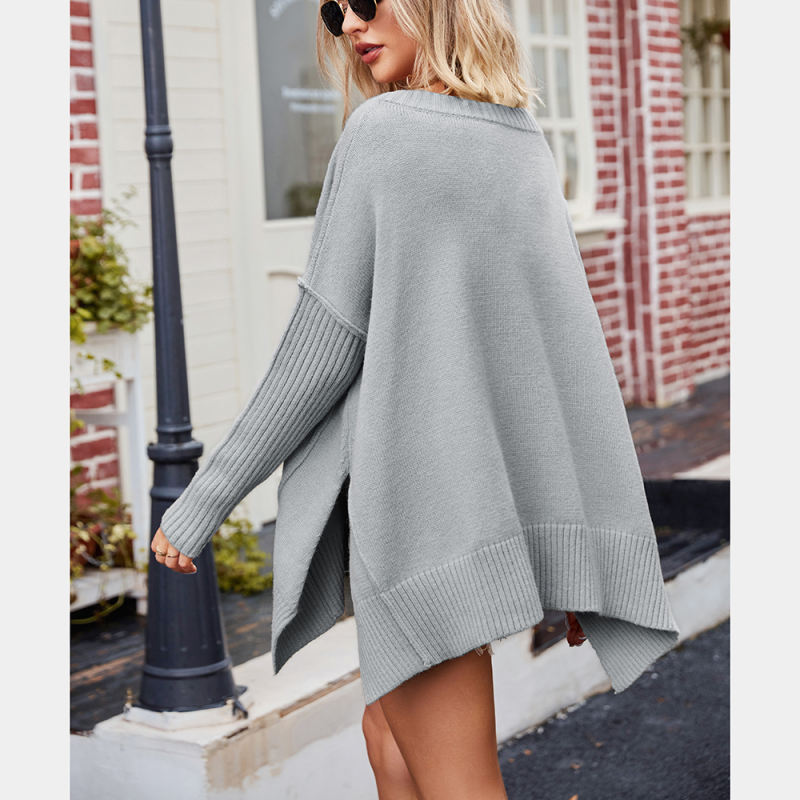 Grey V Neck Knit Pullover Oversize Sweater