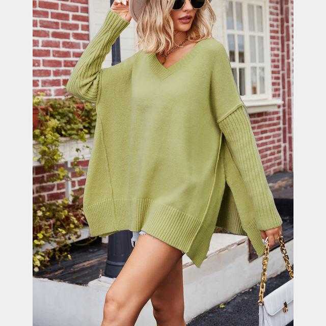 Light Green V Neck Knit Pullover Oversize Sweater