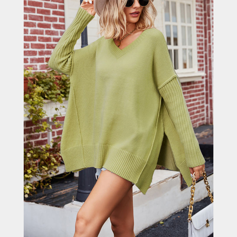 Light Green V Neck Knit Pullover Oversize Sweater