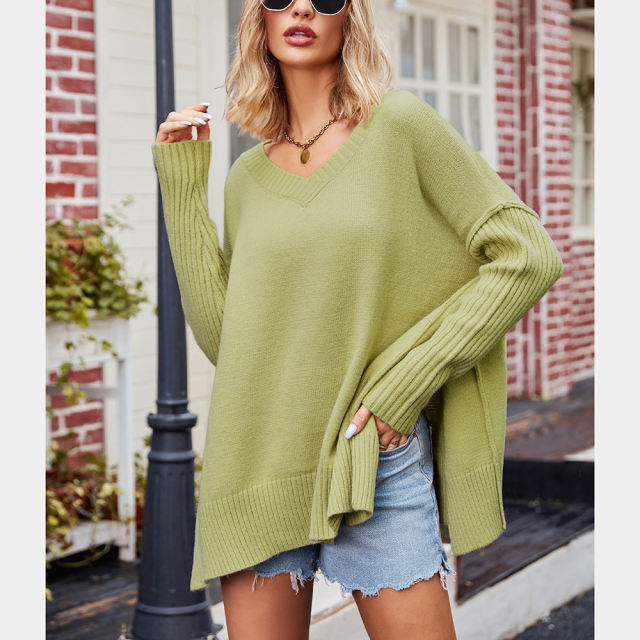 Light Green V Neck Knit Pullover Oversize Sweater
