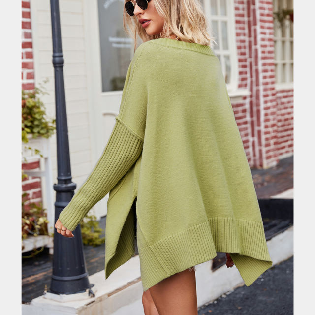 Light Green V Neck Knit Pullover Oversize Sweater