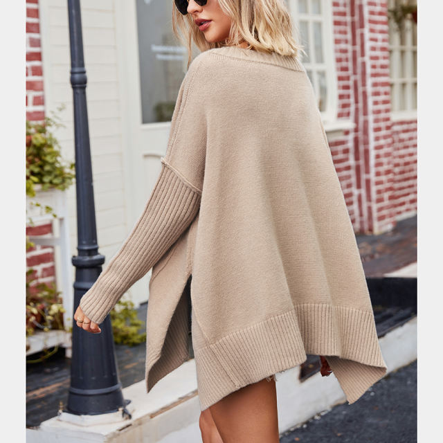 Khaki V Neck Knit Pullover Oversize Sweater