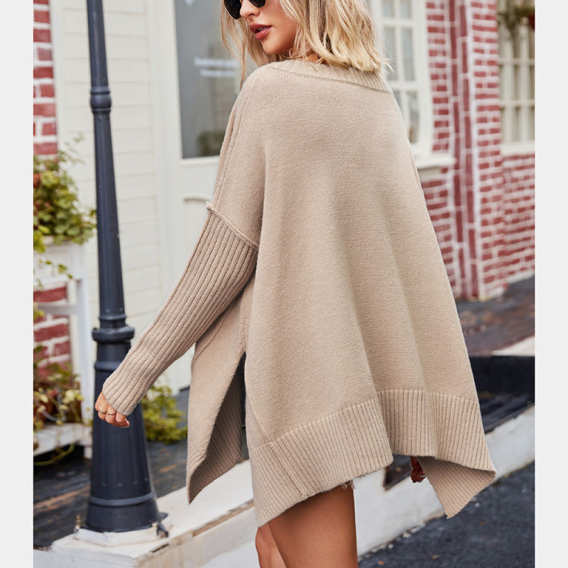 Khaki V Neck Knit Pullover Oversize Sweater
