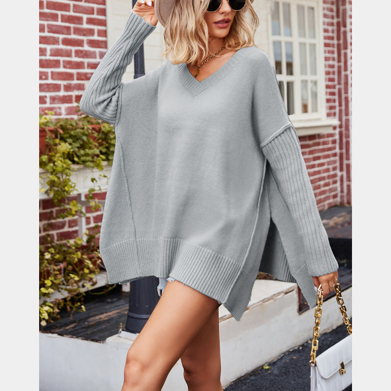 Grey V Neck Knit Pullover Oversize Sweater