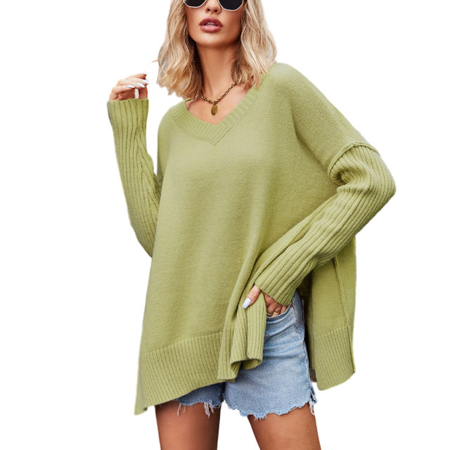 Light Green V Neck Knit Pullover Oversize Sweater