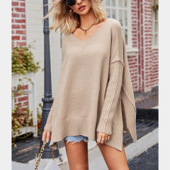 Khaki V Neck Knit Pullover Oversize Sweater