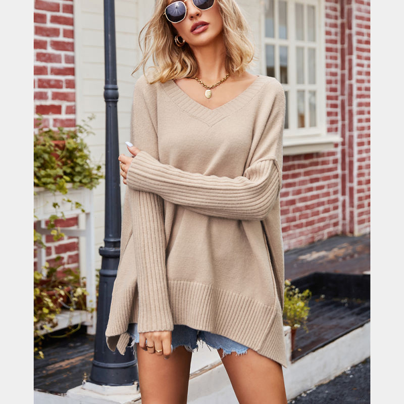 Khaki V Neck Knit Pullover Oversize Sweater