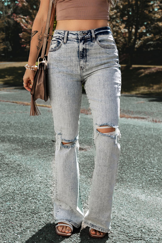 Light Blue Distressed Light Washed Slit Knee Flared Jeans