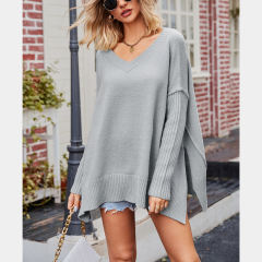 Grey V Neck Knit Pullover Oversize Sweater