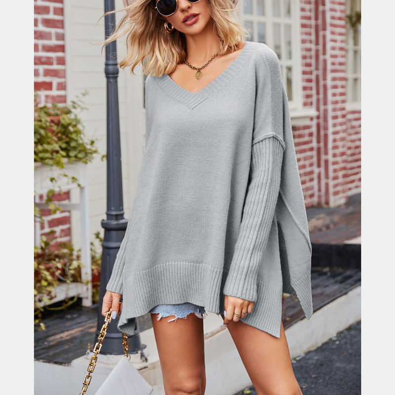 Grey V Neck Knit Pullover Oversize Sweater