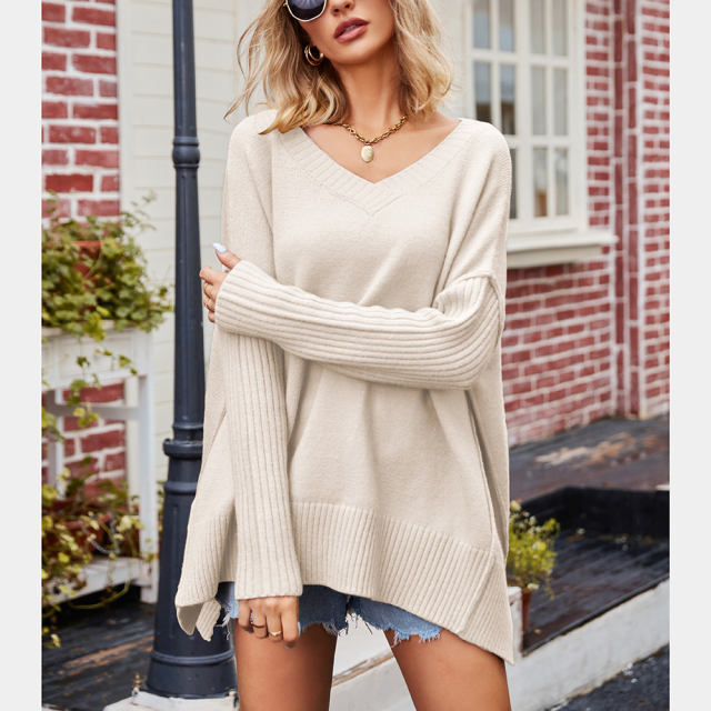 Apricot V Neck Knit Pullover Oversize Sweater