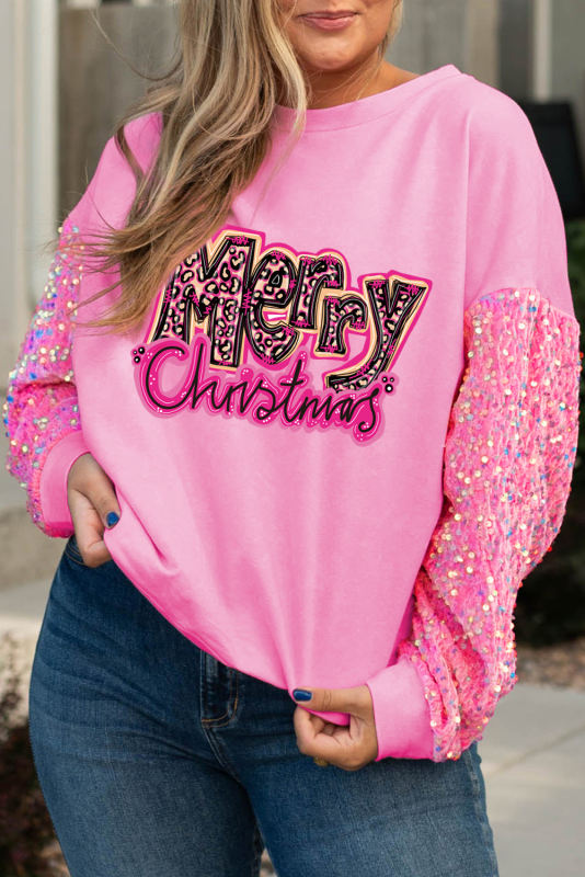Pink Merry Christmas Sequin Sleeve Patched Plus Size Sweatshirt