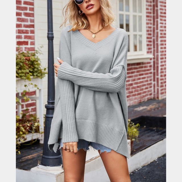 Grey V Neck Knit Pullover Oversize Sweater