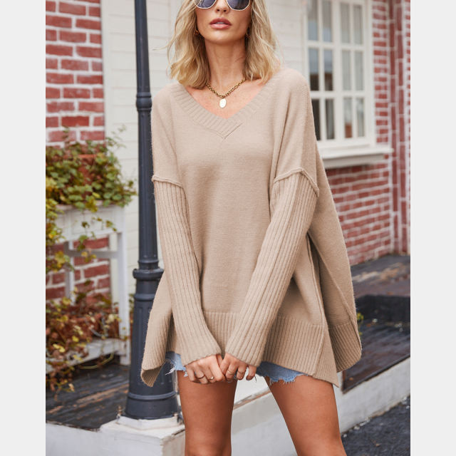 Khaki V Neck Knit Pullover Oversize Sweater