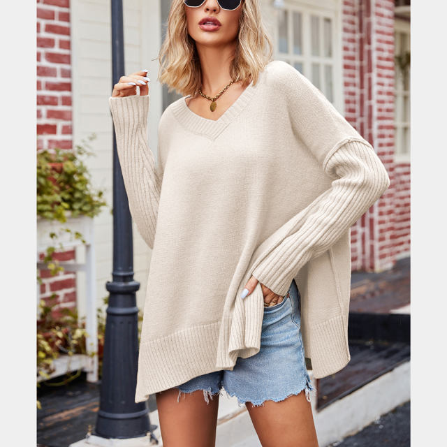 Apricot V Neck Knit Pullover Oversize Sweater