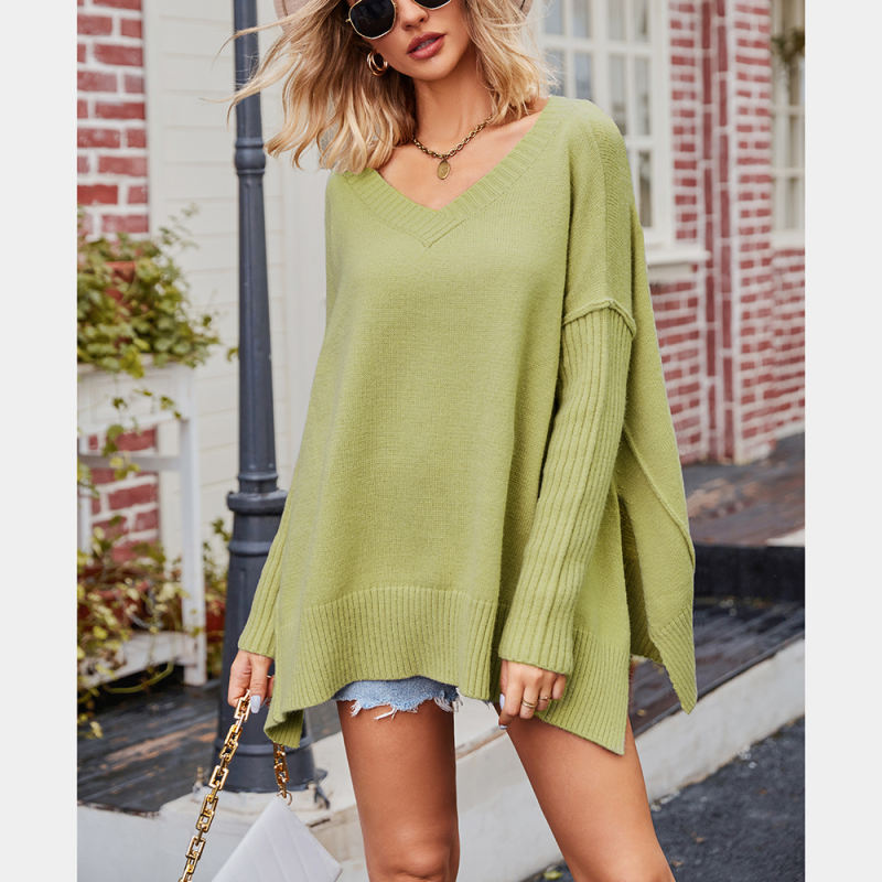 Light Green V Neck Knit Pullover Oversize Sweater