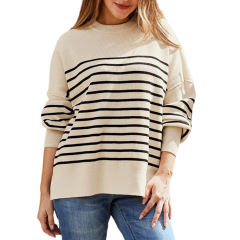 Apricot Striped Round Neck Side Split Knit Sweater