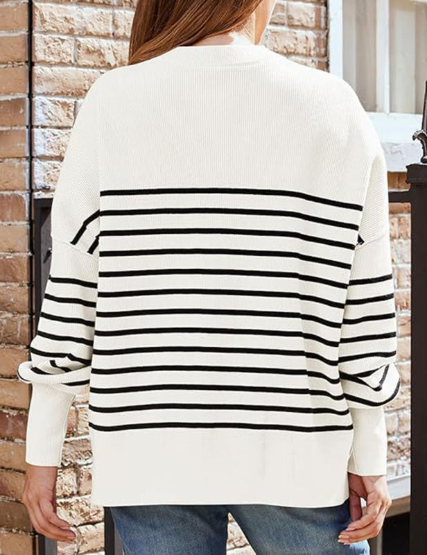 White Striped Round Neck Side Split Knit Sweater