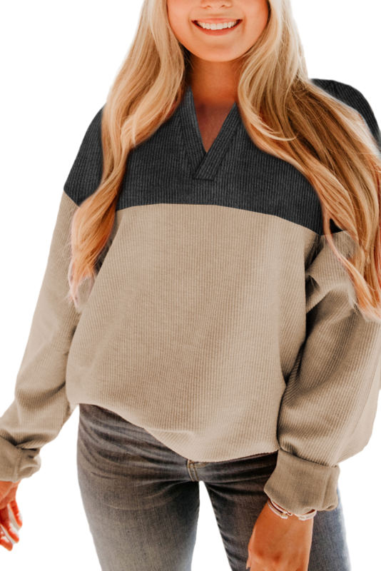 Carbon Grey Notched Neck Colorblock Corded Sweatshirt