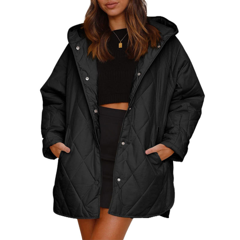 Black Diamond Print Hooded Jacket with Pockets