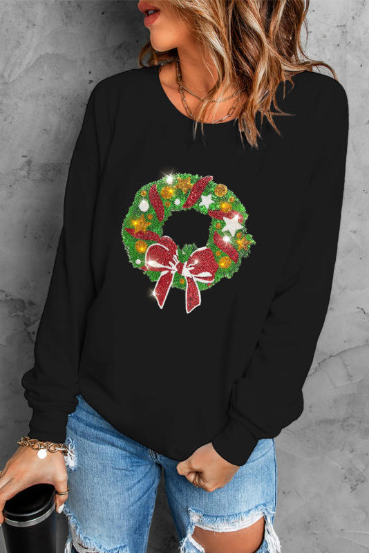 Black Christmas Wreath Print Crew Neck Pullover Sweatshirt