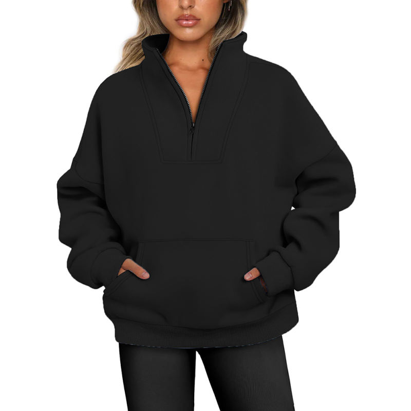 Black Zip-up Stand Collar Pocket Fleece Sweatshirt
