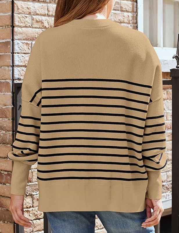 Khaki Striped Round Neck Side Split Knit Sweater