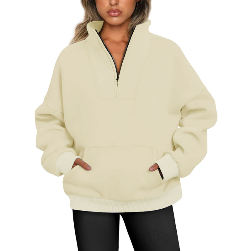 Apricot Zip-up Stand Collar Pocket Fleece Sweatshirt