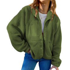 Green Zip Pocket Button Down Sherpa Short Jacket