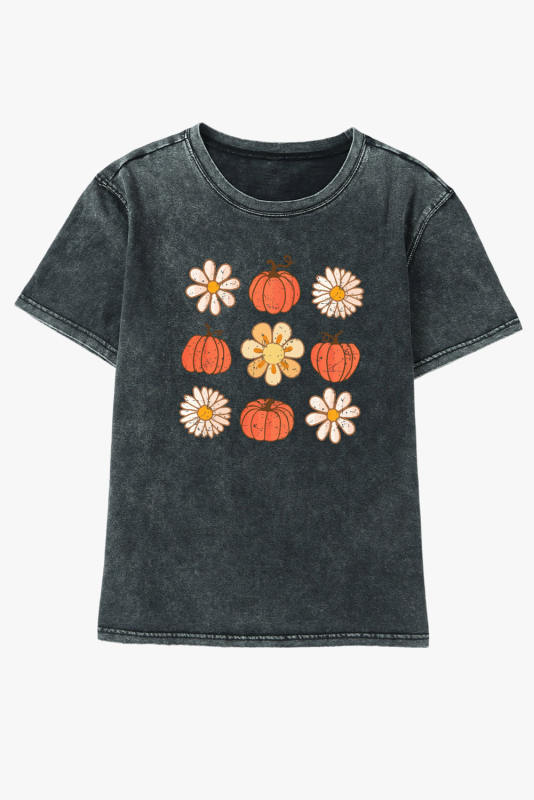 Black Pumpkin Floret Graphic Vintage Washed T-shirt