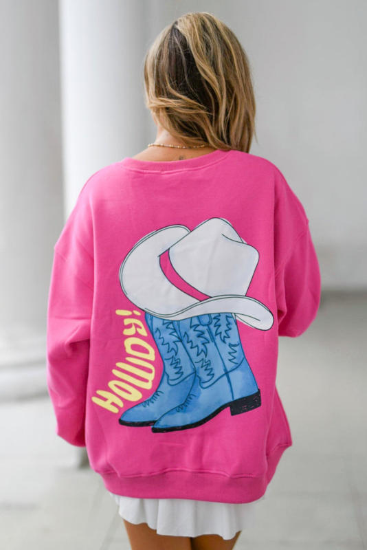 Strawberry Pink HOWDY Back Western Graphic Pullover Sweatshirt