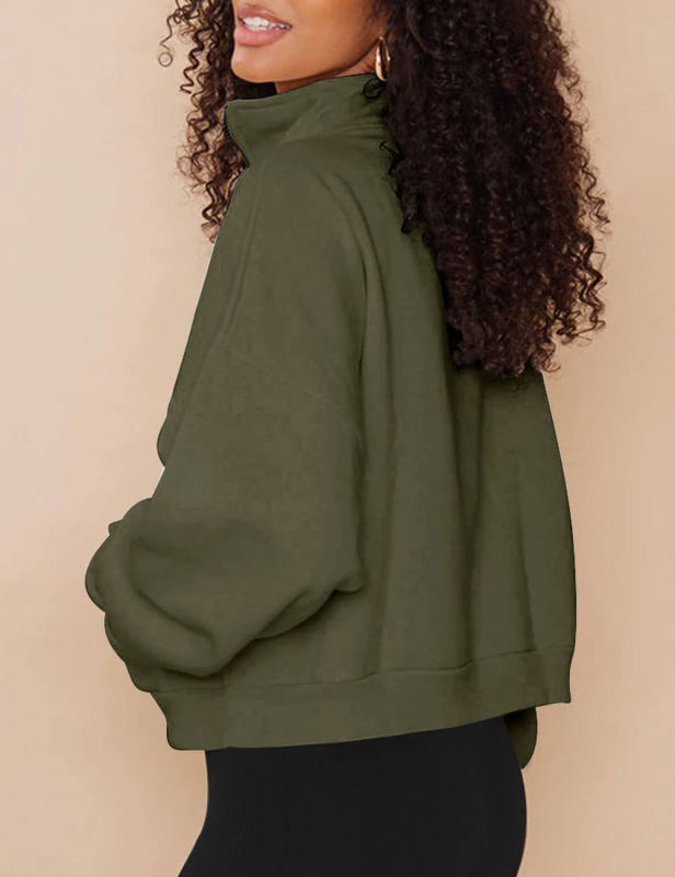 Army Green Zip-up Stand Collar Pocket Fleece Sweatshirt