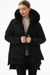 Black Plush Linen Zip Up Hooded Puffer Coat