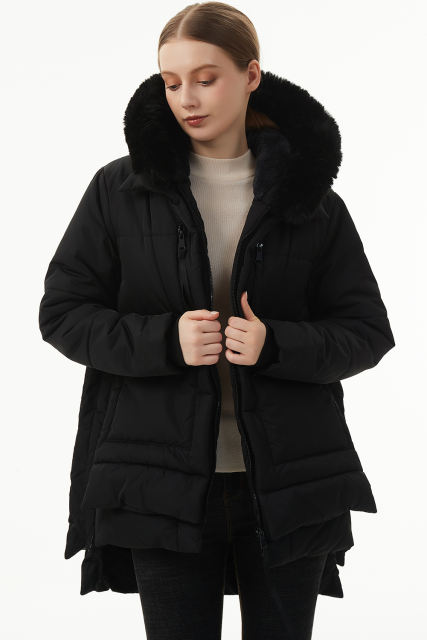 Black Plush Linen Zip Up Hooded Puffer Coat
