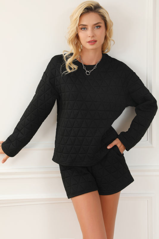Black Textured Long Sleeve Top Shorts Outfit