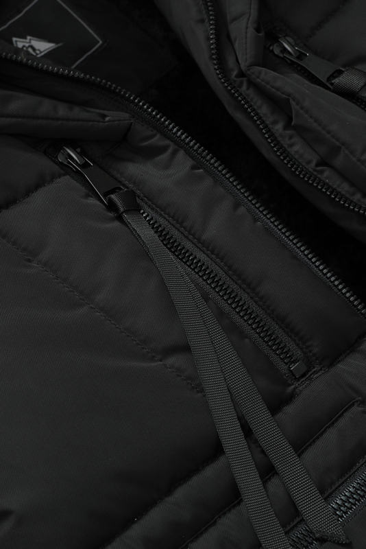 Black Plush Linen Zip Up Hooded Puffer Coat