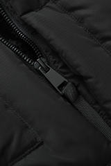 Black Plush Linen Zip Up Hooded Puffer Coat