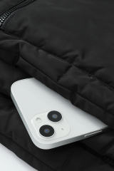 Black Plush Linen Zip Up Hooded Puffer Coat