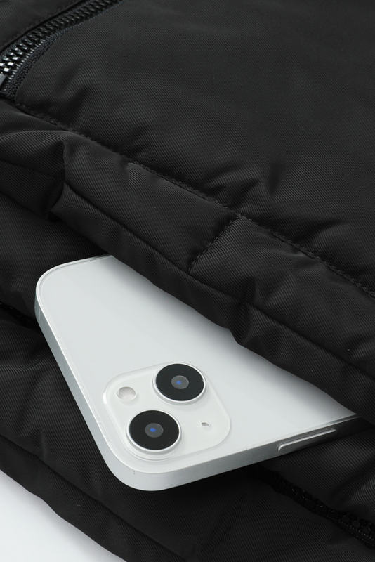 Black Plush Linen Zip Up Hooded Puffer Coat