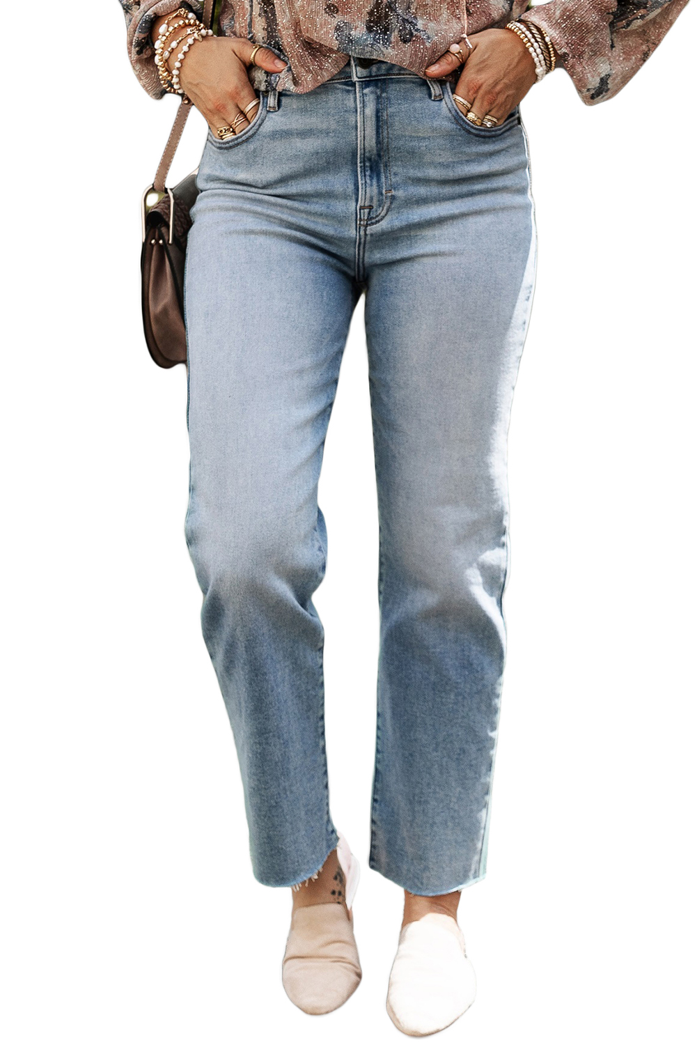 Women Blue Acid Wash Thigh Cut-Out Straight Fit Jeans