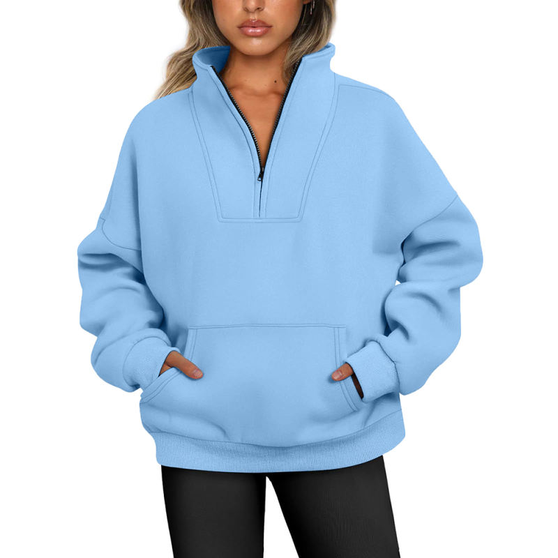 Blue Zip-up Stand Collar Pocket Fleece Sweatshirt