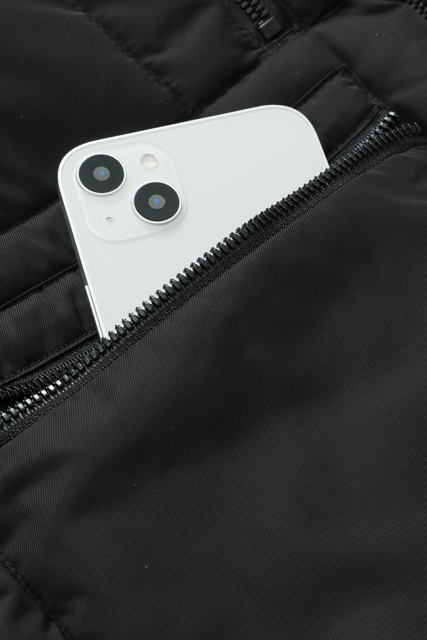 Black Plush Linen Zip Up Hooded Puffer Coat