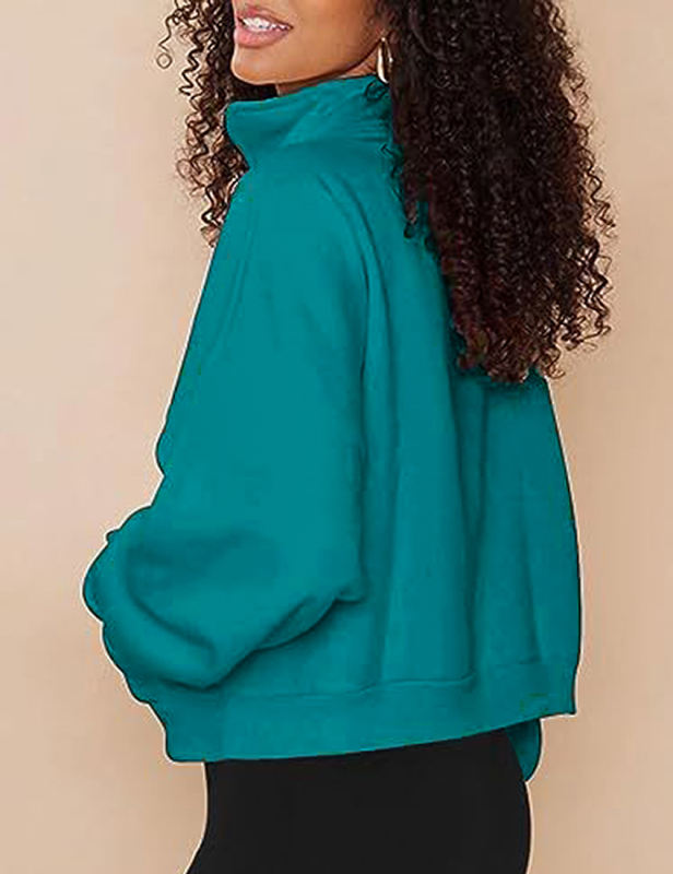 Peacok Blue Zip-up Stand Collar Pocket Fleece Sweatshirt