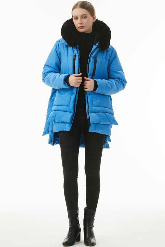 Blue Plush Linen Zip Up Hooded Puffer Coat