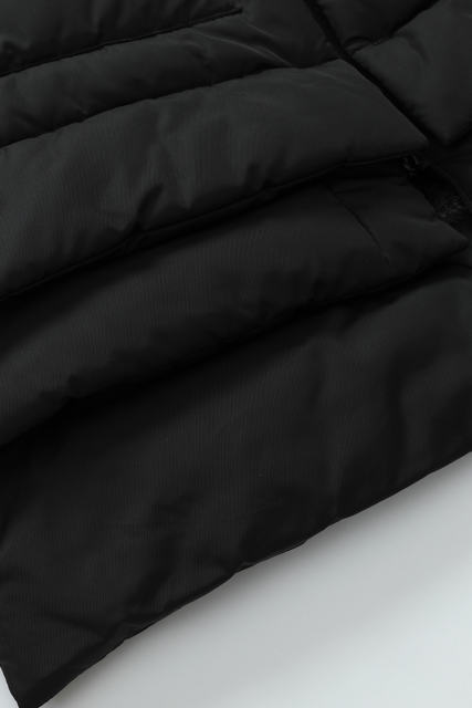 Black Plush Linen Zip Up Hooded Puffer Coat