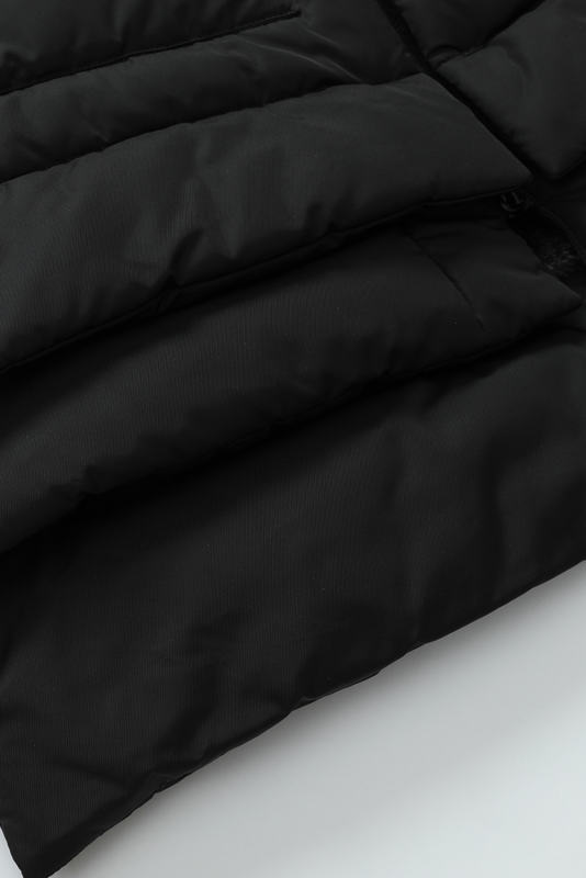 Black Plush Linen Zip Up Hooded Puffer Coat