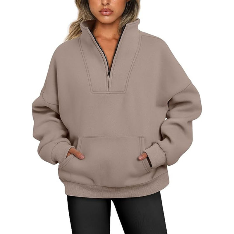 Khaki Zip-up Stand Collar Pocket Fleece Sweatshirt