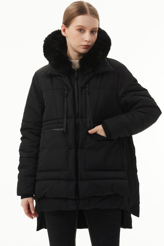 Black Plush Linen Zip Up Hooded Puffer Coat