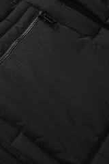 Black Plush Linen Zip Up Hooded Puffer Coat